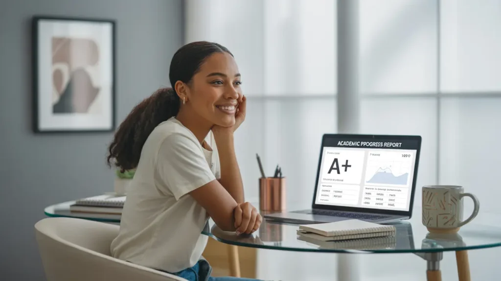 Transcend AI Academy student showing improved grades on laptop after completing AI Innovator Track modules for teenagers aged 13-16