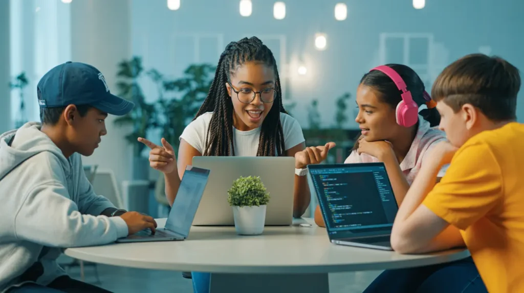 Small group AI education class at Transcend AI Academy with maximum 6 students learning AI skills together