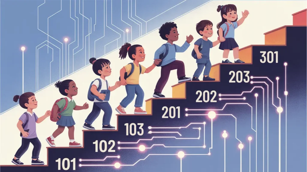 Progressive AI education modules for kids showing sequential learning from basic to advanced levels in online classes