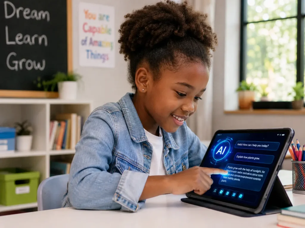 Young child engaging with AI education for kids on a tablet in a modern learning environment
