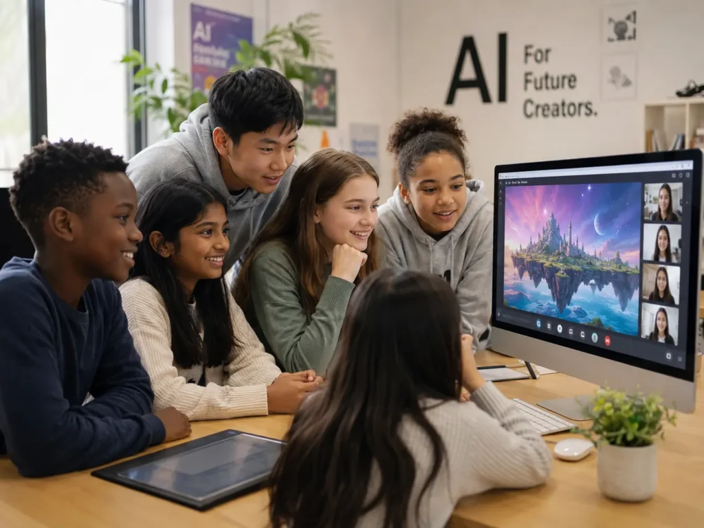 Diverse group of children in a small online class experiencing AI education for kids across different age groups