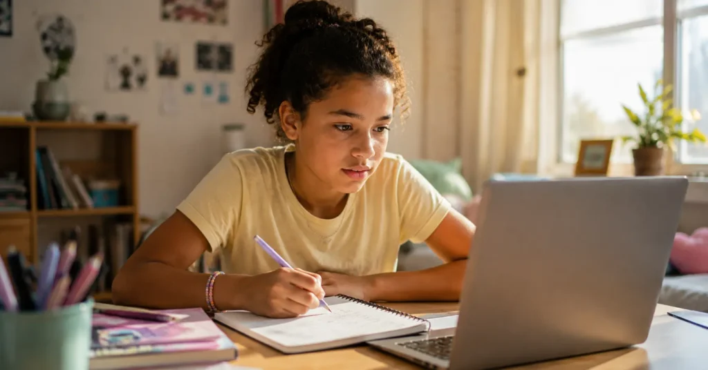 child developing AI fluency for kids at a desk with a laptop and notebook