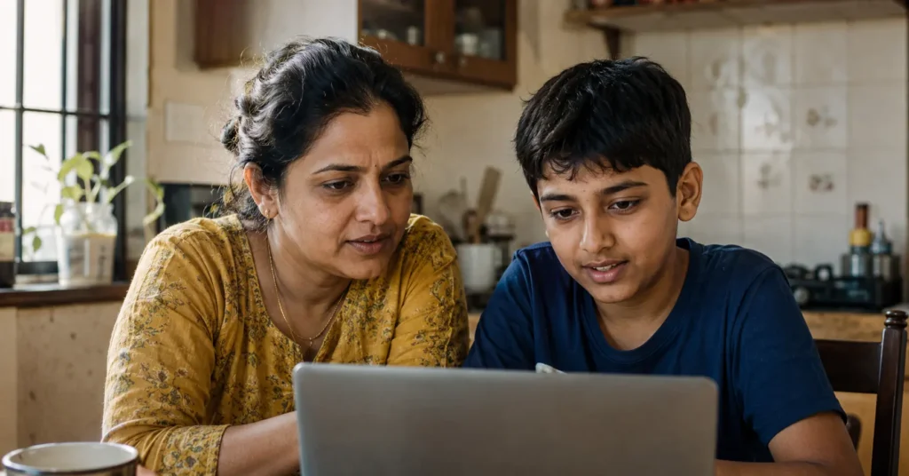 parent and child discussing is AI bad for kids on a laptop at home