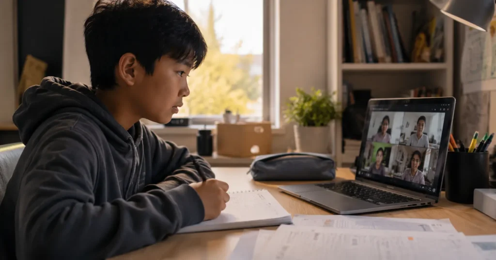 child attending online AI summer camp on laptop at home desk