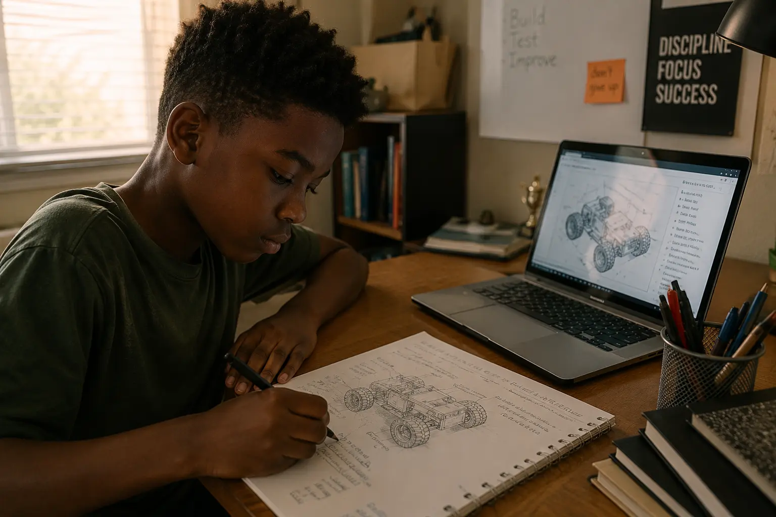 boy planning an AI project at desk before building