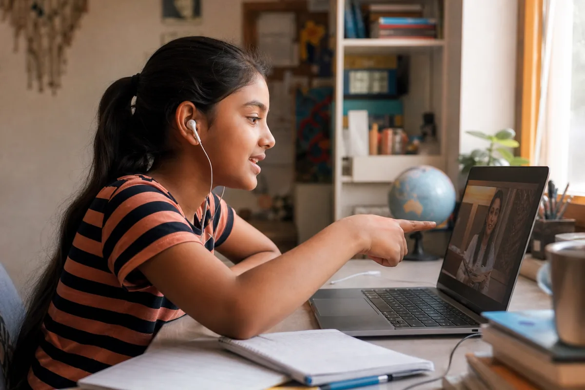 South Asian girl engaging with a live online AI summer camp instructor