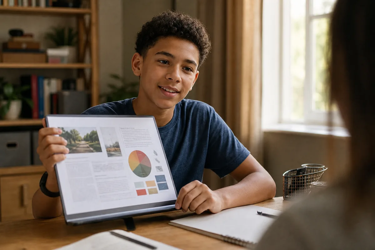 student proudly presenting a finished AI summer camp project