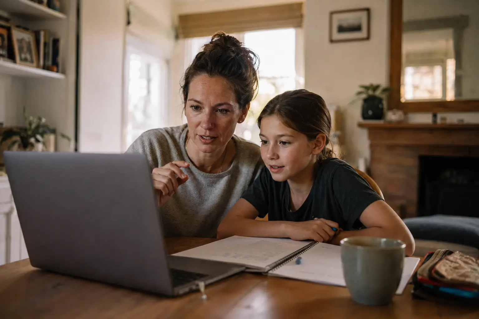mother and daughter watching a live online AI summer camp session together