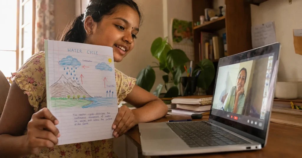 child presenting project at an online AI summer camp for kids on a laptop