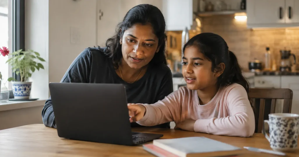 mother and child exploring AI education for children on a laptop at home