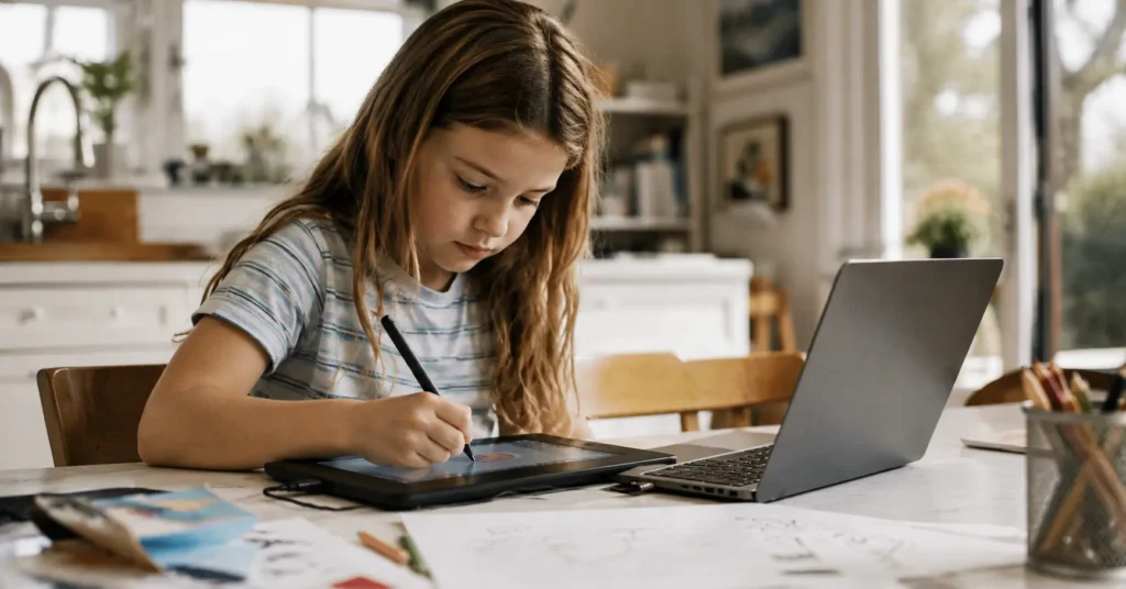 child using best AI tools for kids on a laptop at home