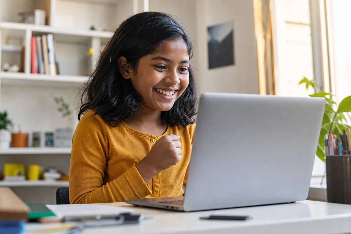 Young child smiling after completing an AI project on a laptop