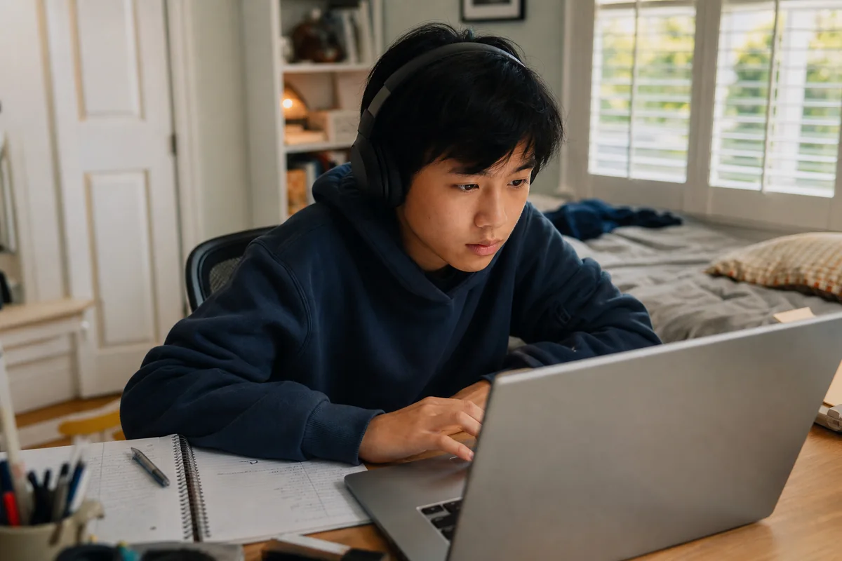 Teen student focused on a laptop project during AI summer camp