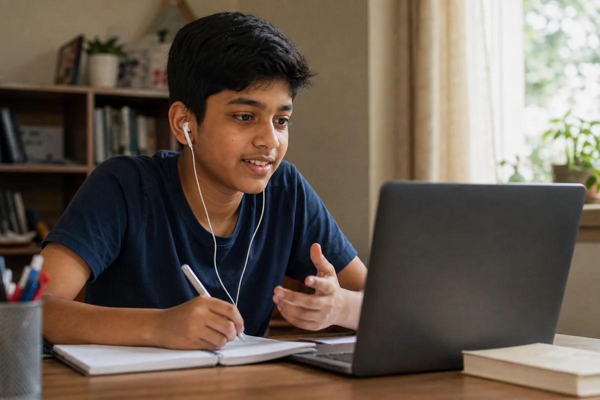 A South Asian child engaged in a guided live online AI class