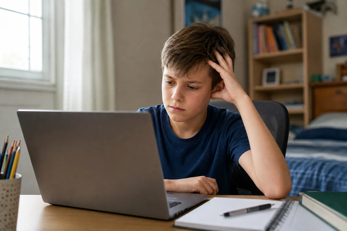 A child using a laptop alone while thinking carefully about ChatGPT safety