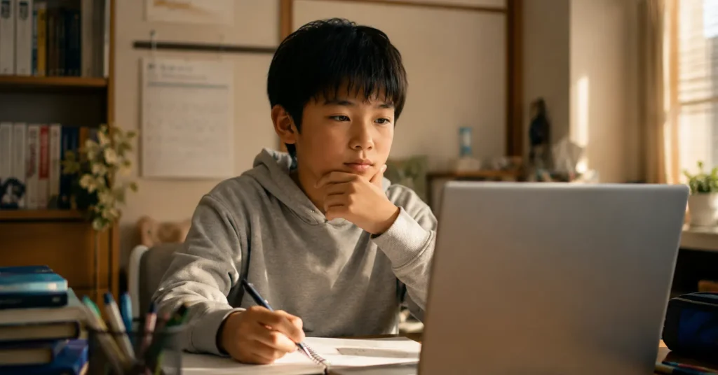 child choosing between AI vs coding for kids at a desk with laptop