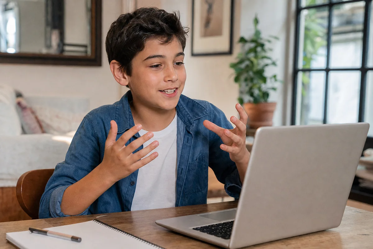 Child presenting an AI project from a laptop with confidence