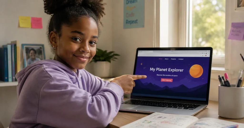 child presenting project at AI summer camp for kids on Demo Day