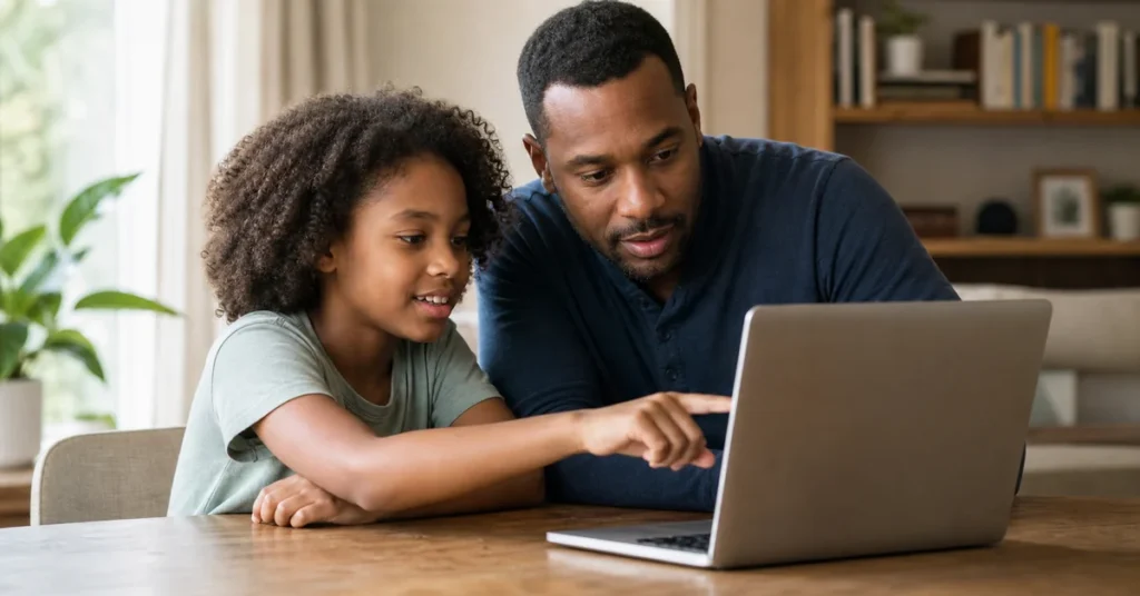 A Black parent and child looking at a laptop screen together — is ChatGPT safe for kids