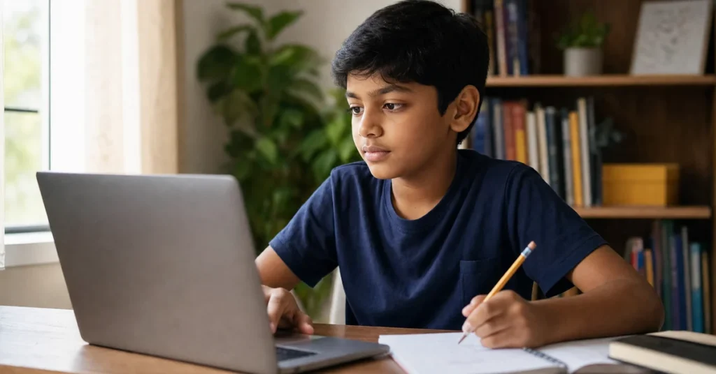 A South Asian child around age 10 working at a home desk with a laptop and notebook — productive summer activities for kids
