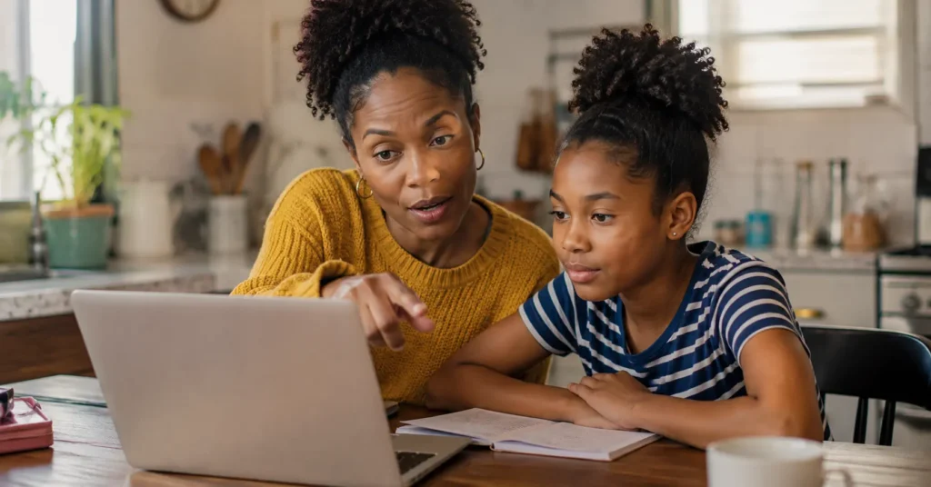 parent and child learning how to teach kids AI at home together on a laptop
