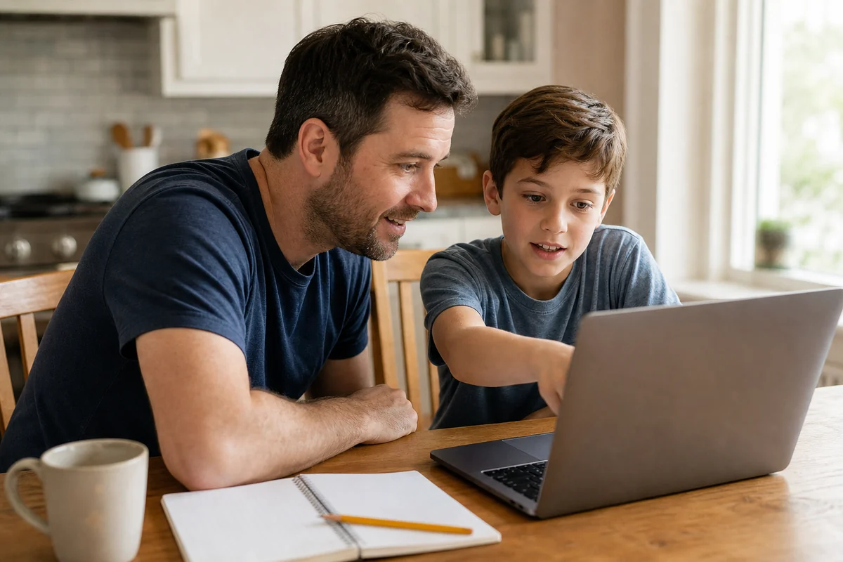 A parent and child reviewing a productive summer learning project on a laptop