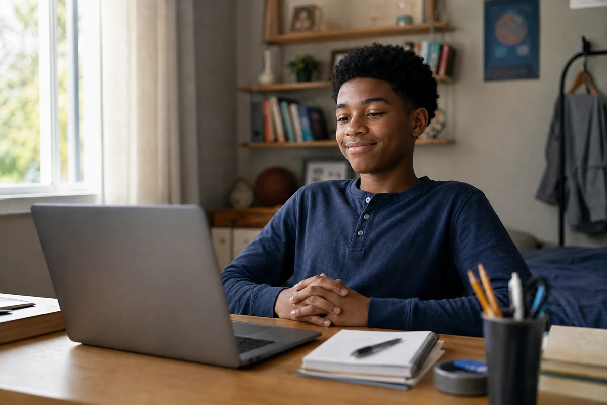 A Black teenager looking satisfied after finishing an AI summer project at a laptop