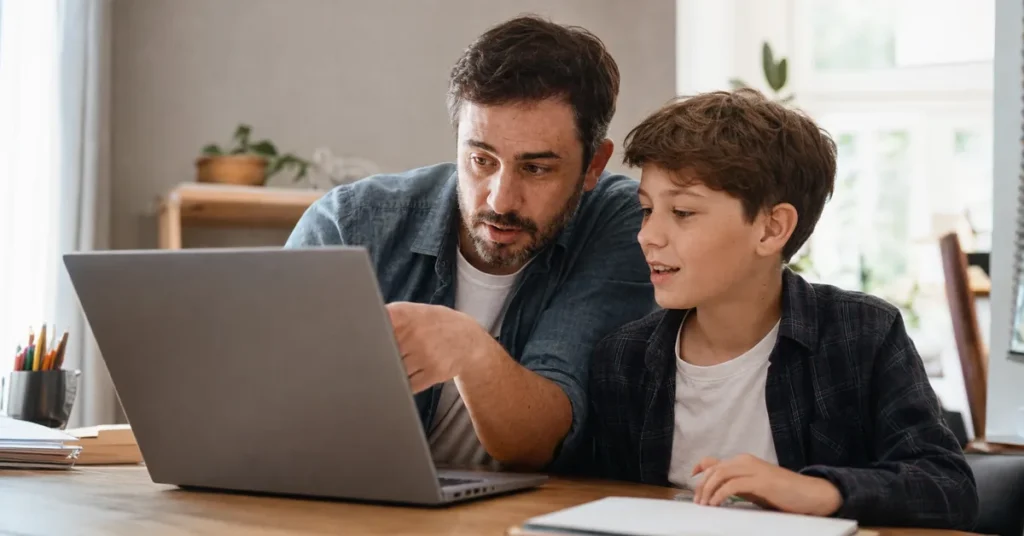 A parent and child reviewing something together on a laptop - teach children to use AI responsibly