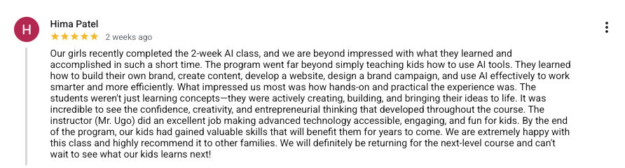 Five-star Google review from Hima Patel describing her children's positive two-week AI class experience