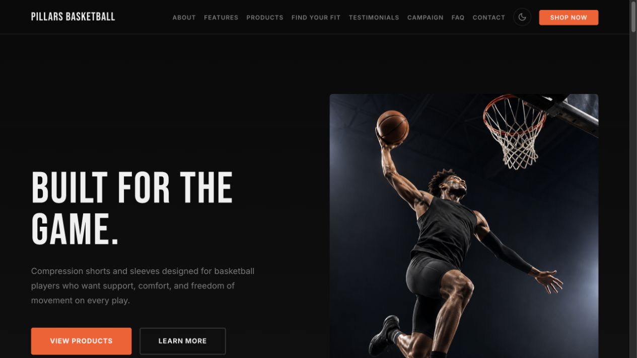 Pillars Basketball student-built brand website