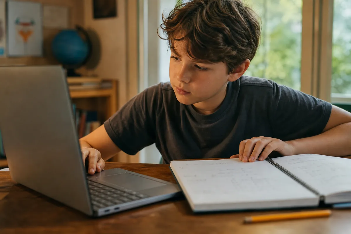 A child comparing notebook thinking with a laptop before using AI
