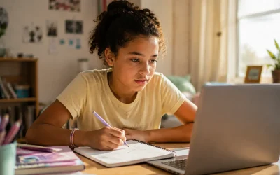 child developing AI fluency for kids at a desk with a laptop and notebook