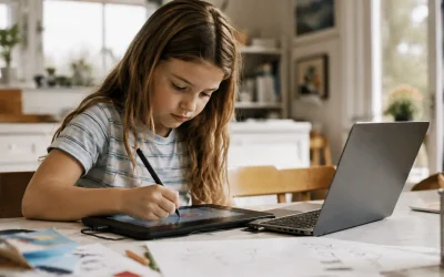 child using best AI tools for kids on a laptop at home