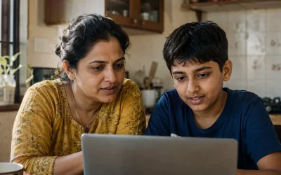 parent and child discussing is AI bad for kids on a laptop at home