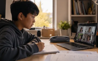 child attending online AI summer camp on laptop at home desk