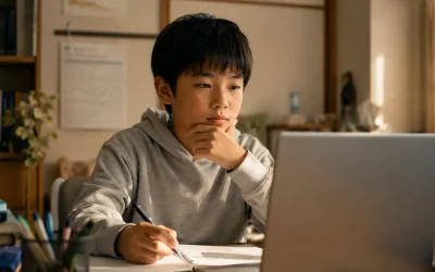 child choosing between AI vs coding for kids at a desk with laptop
