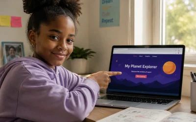 child presenting project at AI summer camp for kids on Demo Day