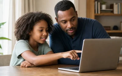 A Black parent and child looking at a laptop screen together — is ChatGPT safe for kids