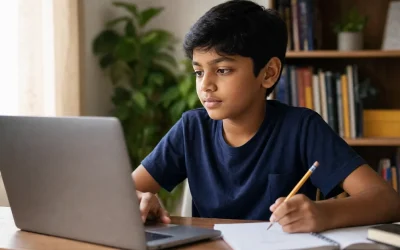A South Asian child around age 10 working at a home desk with a laptop and notebook — productive summer activities for kids