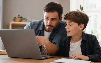 A parent and child reviewing something together on a laptop - teach children to use AI responsibly