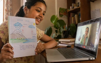 child presenting project at an online AI summer camp for kids on a laptop