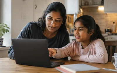 mother and child exploring AI education for children on a laptop at home